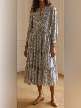 J.Crew Liberty London June’s Meadow Floral Tiered Midi Dress 0 Blue Cottagecore